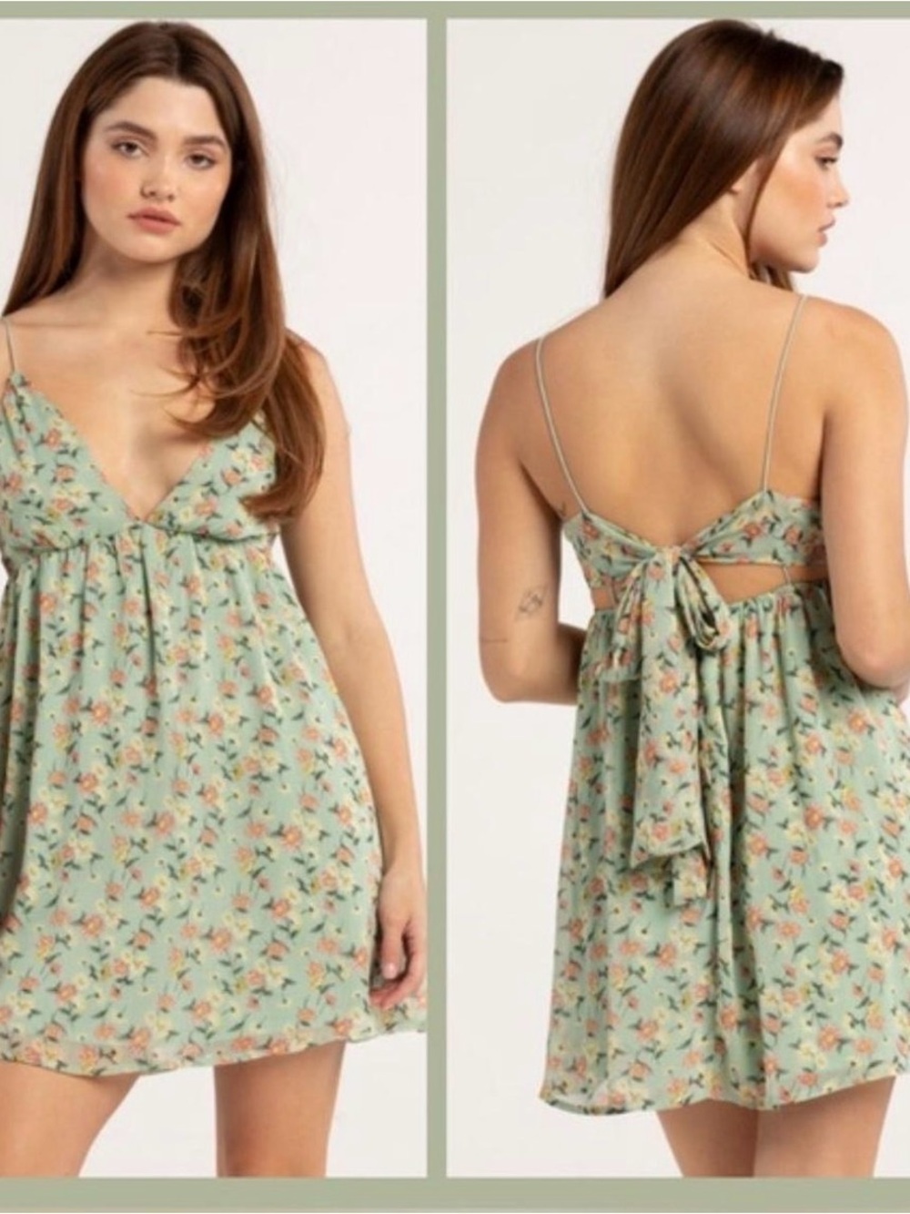 RSQ Sage Green Floral Tie-Back Mini Dress